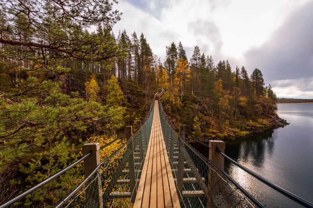 Suspension bridge crossing a serene lake surrounded by vibrant autumn foliage in Oulanka National Park, Finland, highlighting a picturesque Scandinavian tourist attraction.