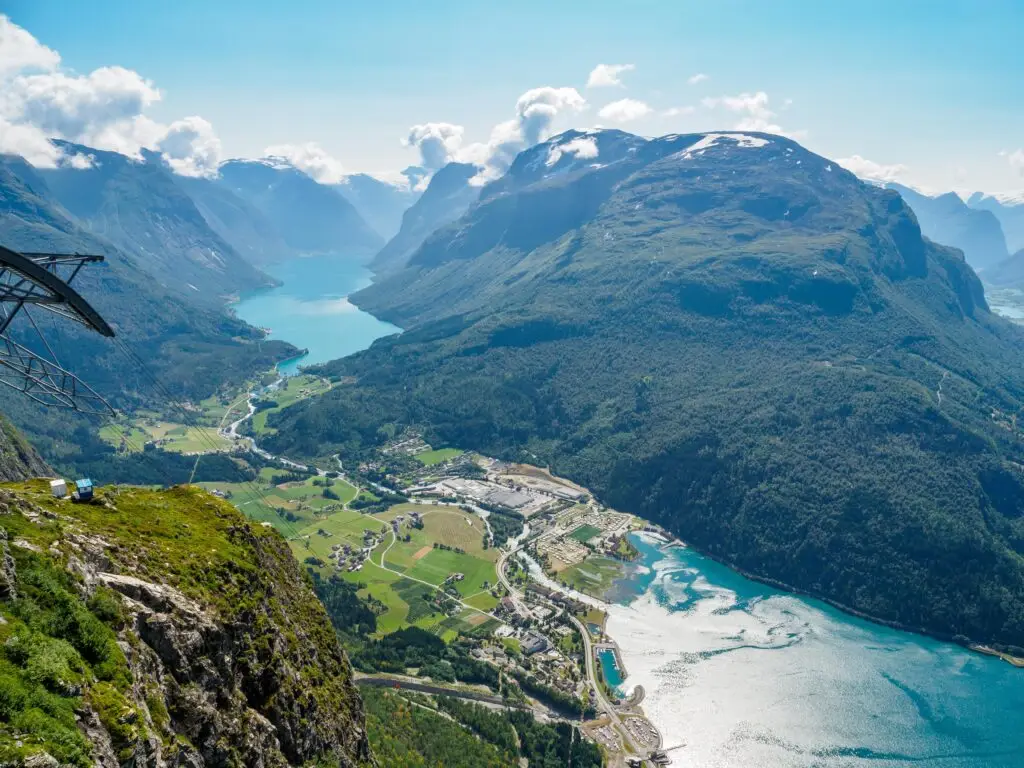 Breathtaking aerial view of Oldenvatnet Lake and surrounding mountains from Mount Hoven Skylift, a popular tourist destination in Norway.