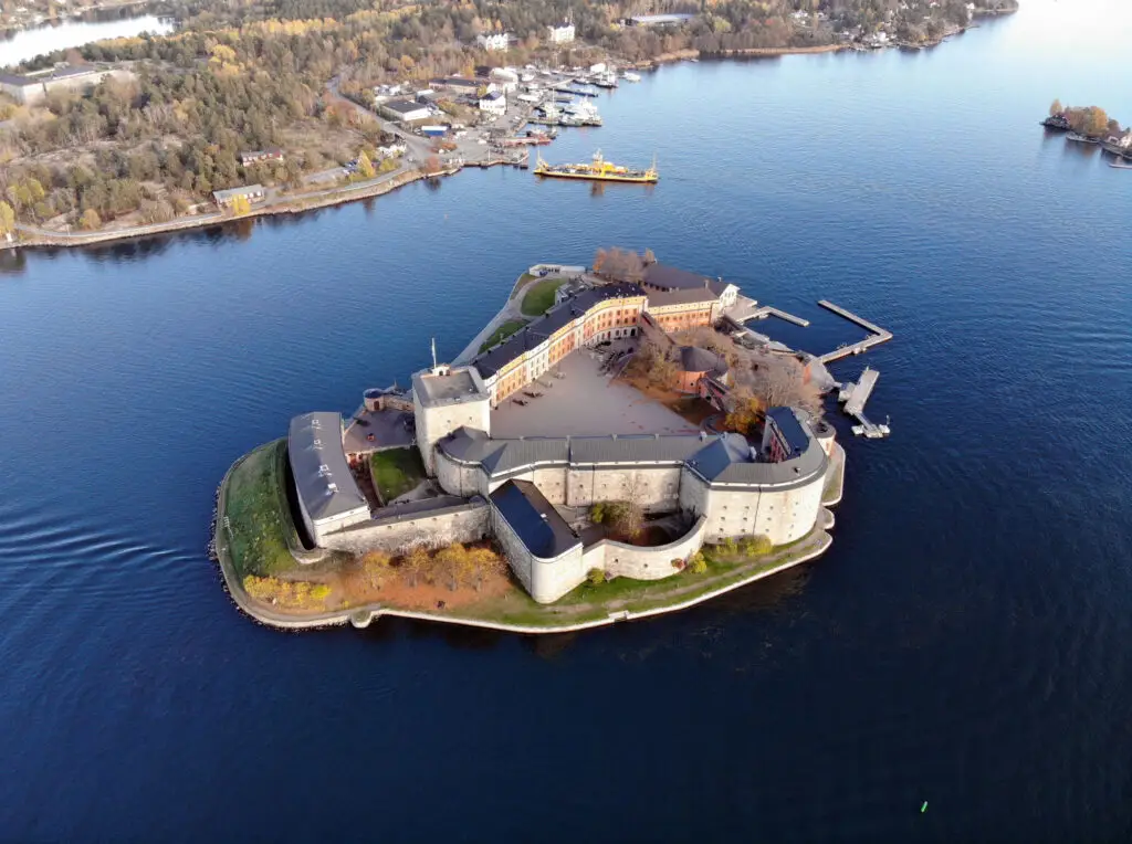 Aerial view of Vaxholm Fortress Museum on an island in the archipelago near Stockholm, Sweden, a popular historic and scenic tourist destination.