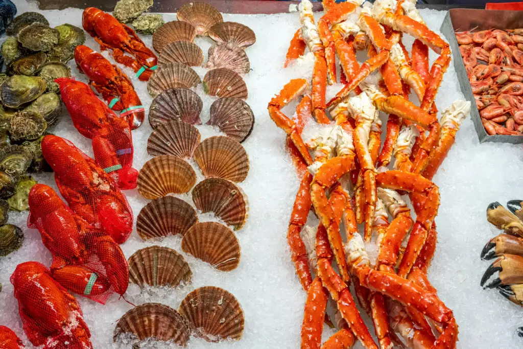 Assorted fresh seafood including lobsters, crabs, oysters, and scallops on ice at the fish market in Bergen, Norway, showcasing local culinary delights perfect for tourists.