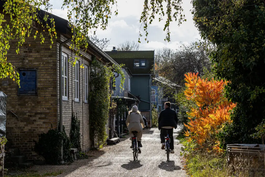 Young couple biking through the scenic lanes of Christiania, a popular tourist attraction in Copenhagen, Denmark, showcasing autumn foliage and traditional architecture.