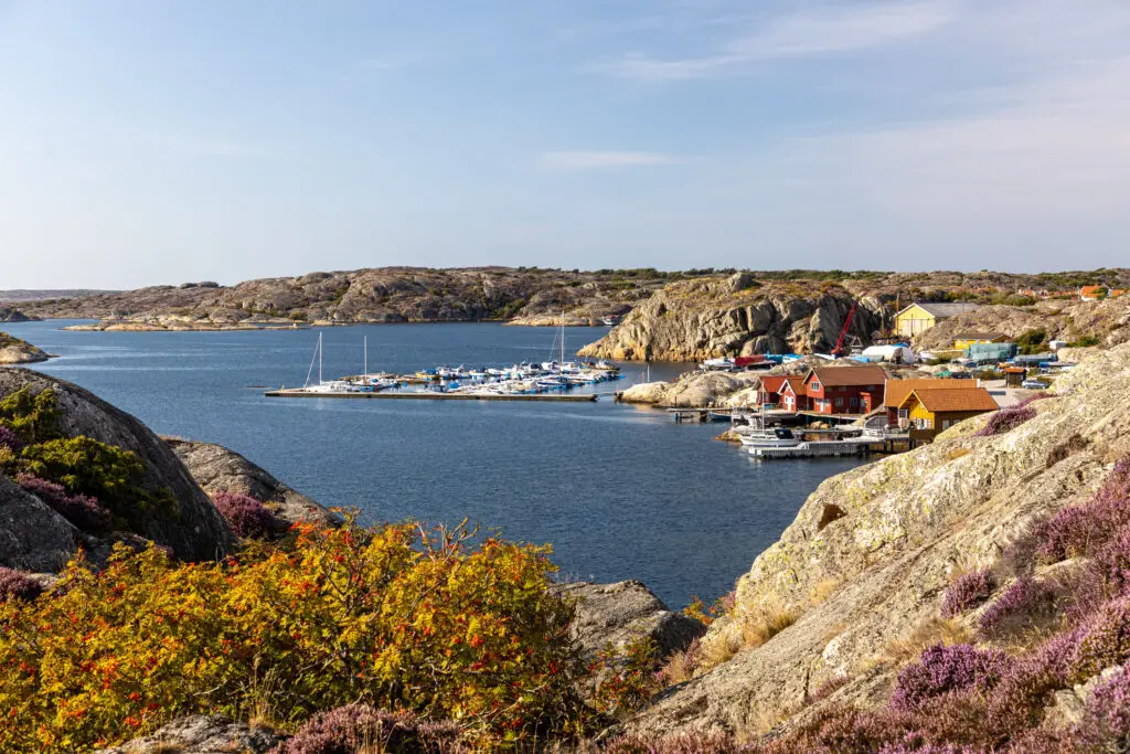 Scenic summer view of a picturesque Swedish coastal village with boats and traditional red houses, ideal for Sweden tours and travel exploration.