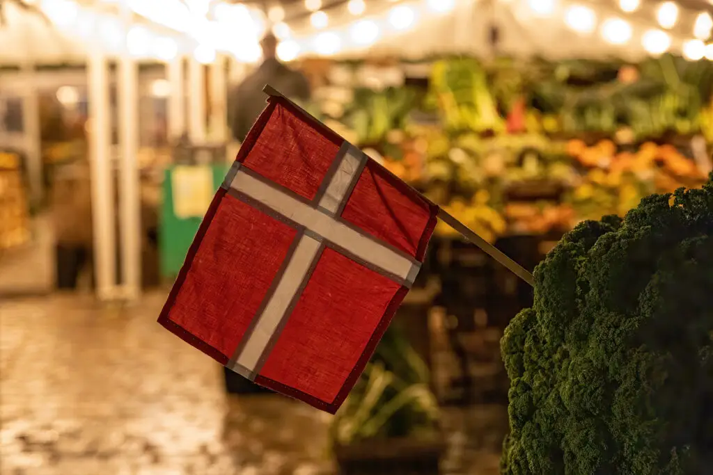 Danish flag suspended at Torvehallerne food market in Copenhagen, Denmark, highlighting fresh produce in a vibrant outdoor setting.