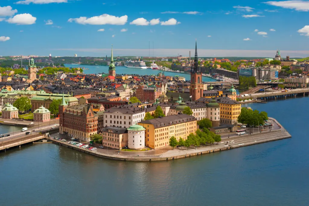 Aerial view of Gamla Stan in Stockholm, showcasing the historic architecture and waterways, perfect for exploring Scandinavian heritage and culture.