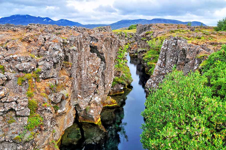 Scenic view of Þingvellir National Park in Iceland, showcasing its unique geological formations and natural beauty.