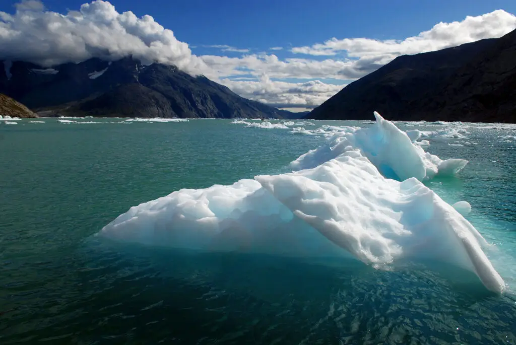 Breathtaking view of icebergs floating in Qooroq Fjord, Southern Greenland, showcasing the serene beauty of Scandinavian landscapes.