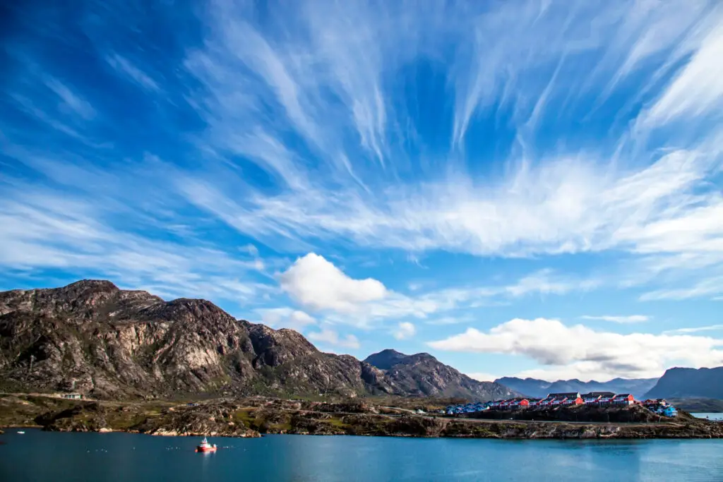 Scenic view of Sisimiut harbor in Greenland showcasing colorful townhouses against a backdrop of rugged mountains and a vibrant blue sky