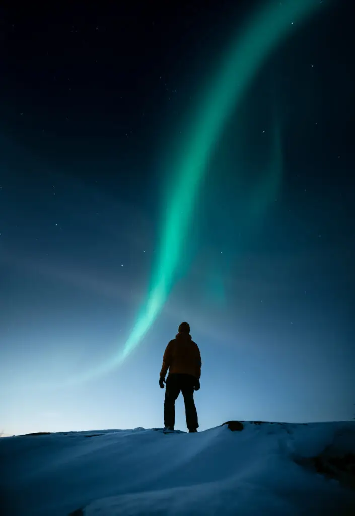 Person observing the Northern Lights from a snowy vantage point in Scandinavia during winter.