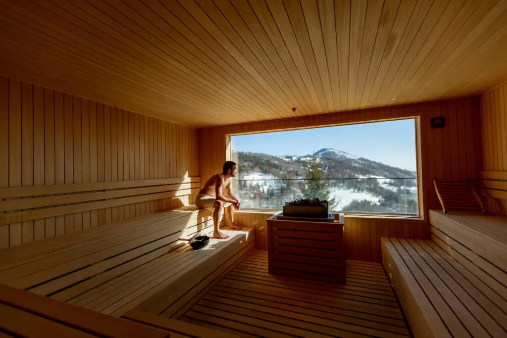 Young man relaxing in a traditional Scandinavian sauna with a panoramic view of a snowy winter forest through the window, promoting serene travel experiences in Scandinavia.