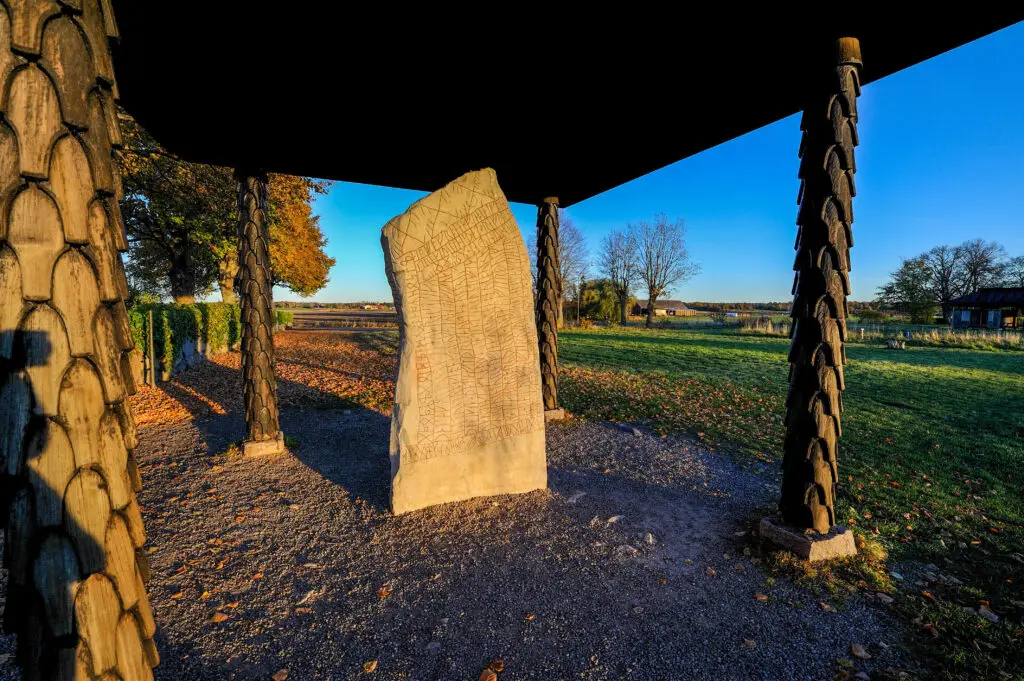 Rök Runestone in Sweden displayed under a wooden structure on a sunny day, surrounded by autumn colored leaves and a countryside setting.